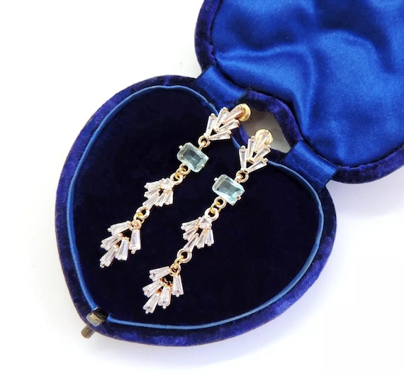 Something Blue Vintage Art Deco Inspired Aquamarine Paste CZ Drop Earrings