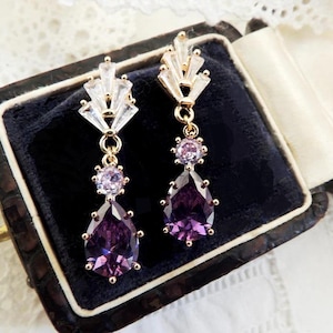 Vintage Art Deco 1920's Inspired Amethyst Purple Paste CZ Drop Earrings
