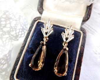 Vintage Art Deco 1920's Inspired Brown Topaz Diamond Paste CZ Drop Earrings