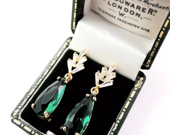 Vintage Art Deco 1920's Inspired Emerald Green Crystal CZ Drop Earrings
