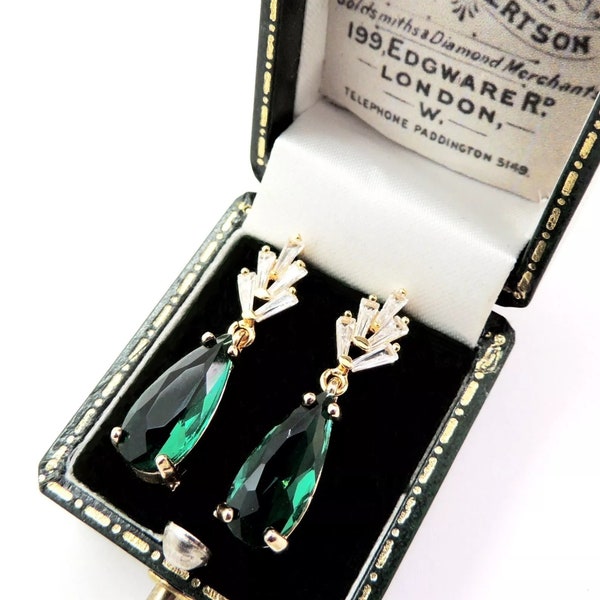 Vintage Art Deco 1920's Inspired Emerald Green Crystal CZ Drop Earrings