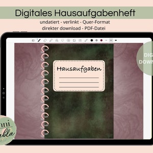 Könnte beinhalten: Ein digitaler Download eines druckbaren Hausaufgabenheft-Covers. Das Cover zeigt ein grünes und braunes Marmormuster mit einer rosa Spiralbindung. Der Titel "Hausaufgaben" ist in einem weißen Kasten auf dem Cover geschrieben.