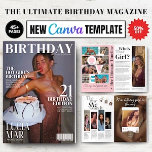 以下が含まれることがあります： 「BIRTHDAY」という見出しと「THE HOT GIRL'S BIRTHDAY」というテキストが書かれた雑誌の表紙。表紙には、ろうそくの火がついたケーキを持つ女性が写っています。追加ページには、写真とテキストを含むレイアウトが表示されています。