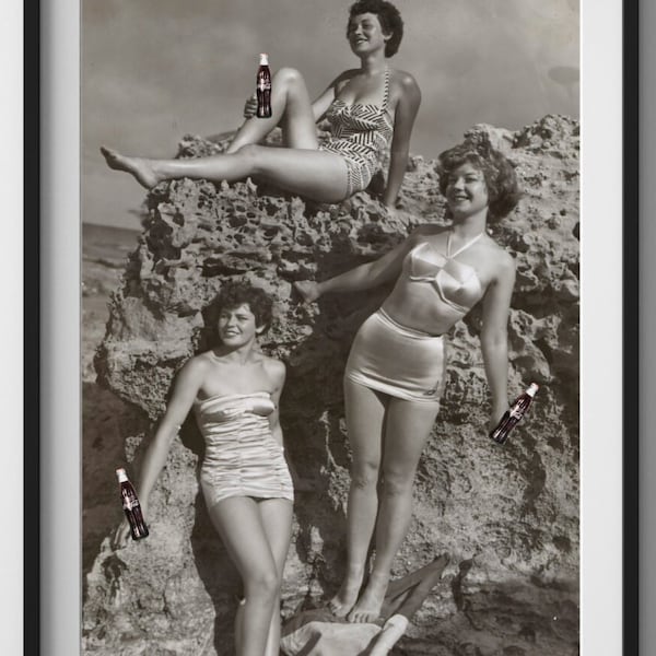 Vintage Bikini Ladies with Coca-Cola Poster - Classic Black and White Print - Multiple Sizes - Matte Finish - Mid-Century Wall Art - DIGITAL