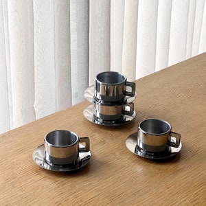 Vintage stainless steel coffee cups and saucers, inox espresso cups, vintage drinkware, Italian design