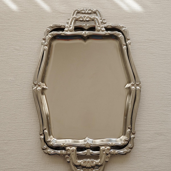 Vintage Ornate Silver Handled Tray (Mid-Century) – Large Architectural Serving Platter, Scalloped Hollywood Regency Vanity Tray
