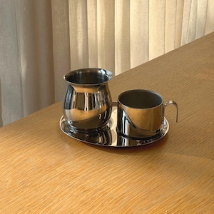Vintage stainless steel coffee cups with milk jug, inox coffee cups, vintage drinkware, espresso cups