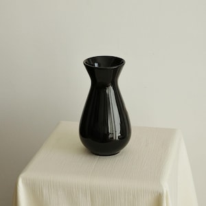 May include: A glossy black vase with a smooth, reflective surface. The vase features a rounded, bulbous base that tapers upwards into a slender neck, ending in a wide, flared rim. The design is simple and symmetrical, showcasing a deep black finish.