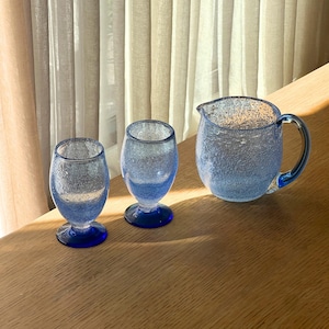 Vintage Blue Bubble Glass Jug & Tumbler Set: Mid-Century Barware