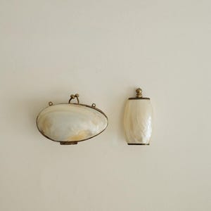 Vintage Shell Coin Purse & Mother of Pearl Scent Bottle - Brass Shell Vanity Set