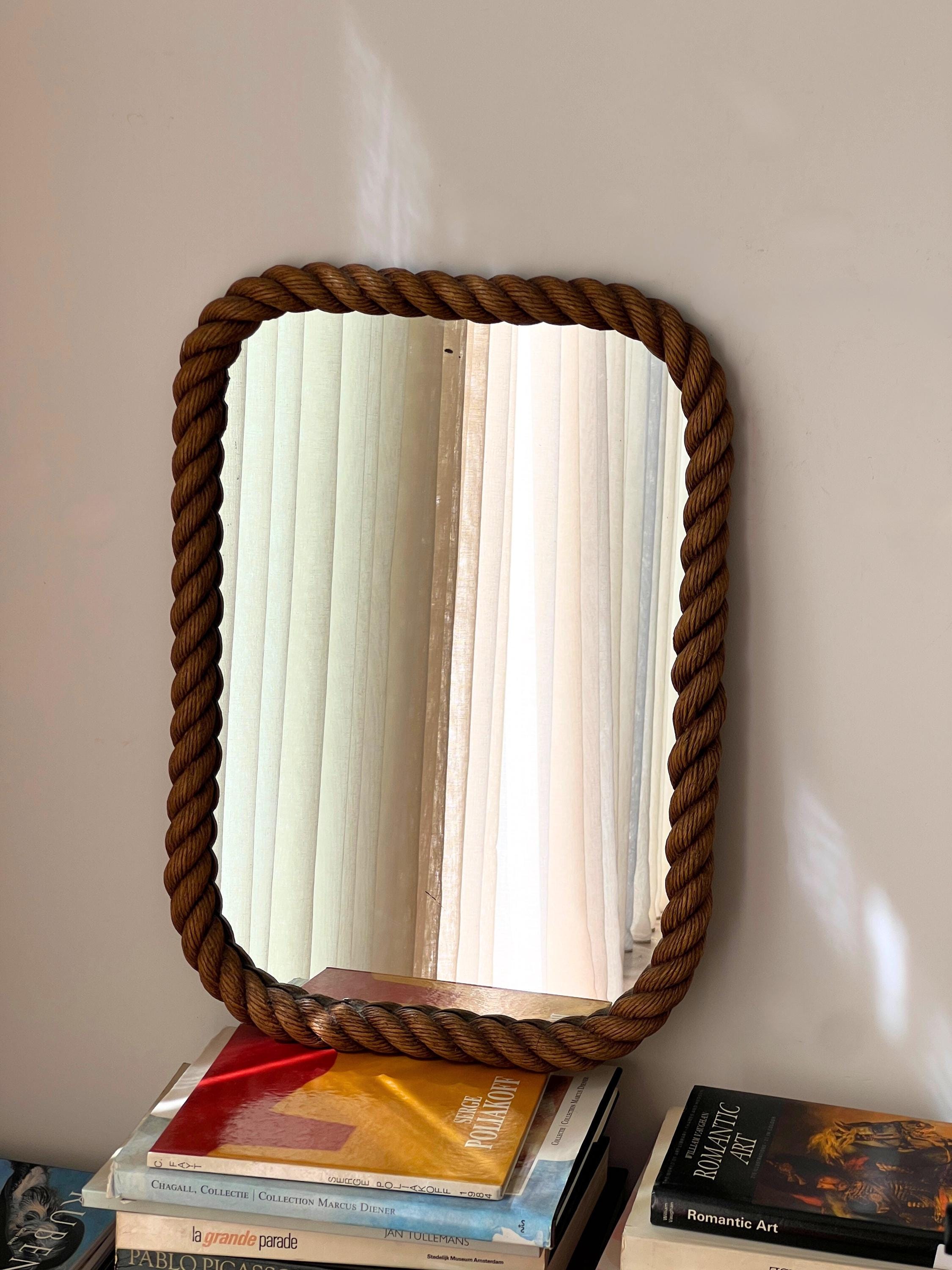 Vintage rope wall mirror, vanity bathroom, rectangular tabletop