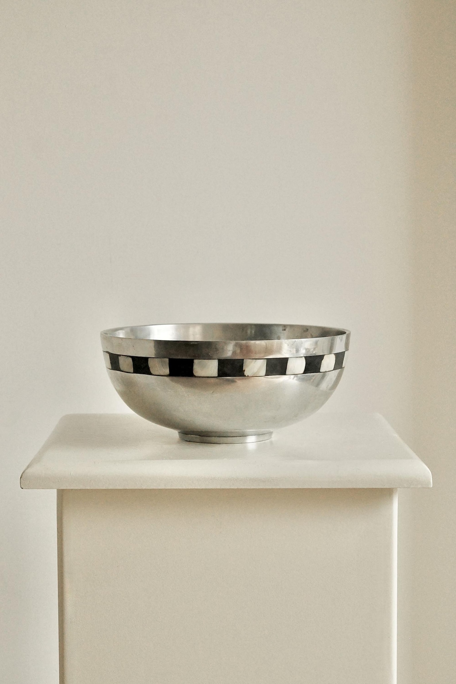 Vintage Mother of Pearl Inlay Metal Bowl | Mid-Century Modernist Silver Decorative Dish