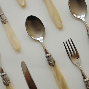Vintage-Besteckset aus Italien, 15-teilig – Griffe aus Perlmutt-Elfenbein, neoklassizistisches Napoleon-Muster