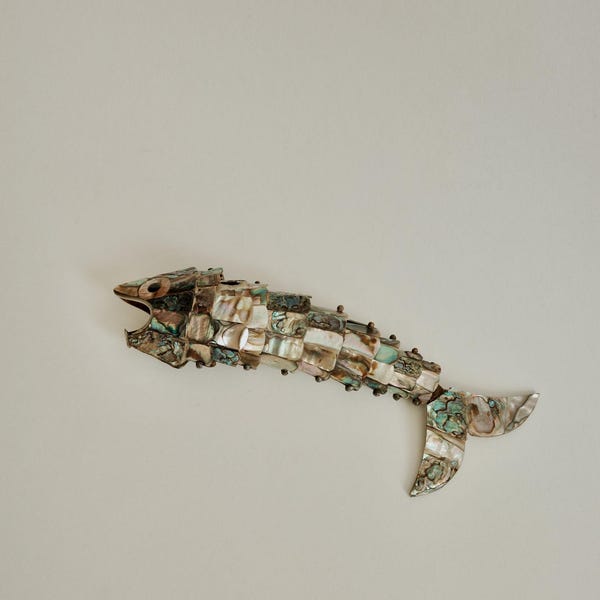 Fish Bottle Opener Abalone, Vintage Articulated – Sculptural Shell Barware, Novelty Bar Decor