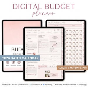 May include: A digital budget planner displayed on three tablet screens with a soft pink color scheme. The interface includes a 2026 dated calendar, a 5k savings challenge with money bag icons, daily schedule sections, and text labels for budget planning.