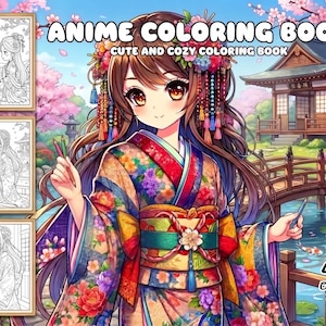 Puede incluir: Un libro de colorear anime con una ilustración central de un personaje con kimono floral y adornos en el pelo, frente a un jardín japonés con puente y templo. A la izquierda hay tres muestras de páginas para colorear en blanco y negro.