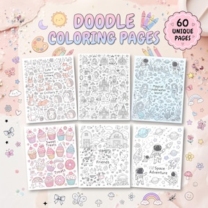 Puede incluir: Una colección de 60 páginas para colorear con garabatos que presenta seis temas distintos: Cute Forest Critters, personajes de cuentos de hadas, Magical Underwater World, Sweet Treats, farm Friends y Space Adventure, mostrados como hojas individuales.