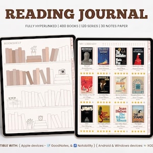 Puede incluir: Un diario de lectura digital en dos pantallas de tableta. La pantalla izquierda muestra un diseño de estantería con libros en arte lineal y decoración. La derecha muestra una biblioteca con portadas de libros, títulos y valoraciones.
