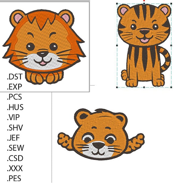 Doodle Tiger Embroidery File Child Friendly 3 Designs 100mm x 100mm Playful Embroidery Design Set Fun Style Creative Embroidery Project