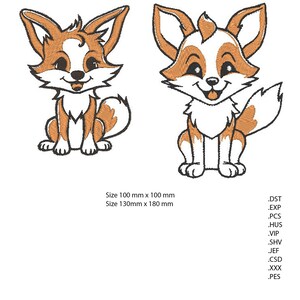 May include: Two cartoon fox embroidery designs. The fox on the left is brown and white with a white tail tip. The fox on the right is white with brown ears, a brown tail, and brown spots on its back. Both foxes are sitting with their mouths open and smiling.