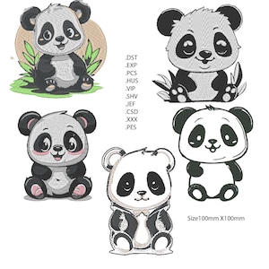 Puede incluir: Cinco diseños de bordado de panda blanco y negro. Cada diseño presenta un lindo panda con una pose diferente. Los diseños tienen un tamaño de 100 mm x 100 mm.