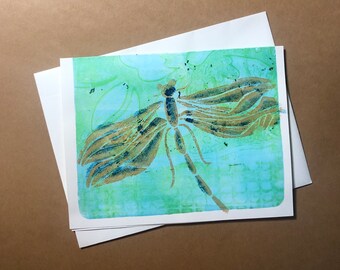 Greeting Card, One of a Kind 5 x 7 inch monoprint. Beautiful Dragonfly print. Enjoy!