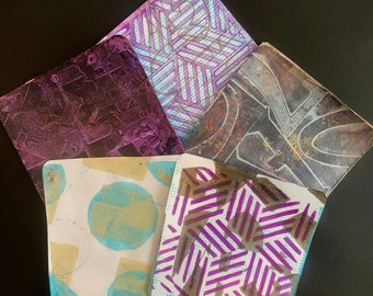 Gelli Papers (monoprints),  handmade, set of 5, size 6 x 6 inches. For Collage, junk journaling, or framing.