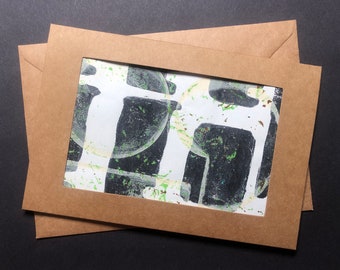 Monoprinted Greeting Card, handmade/one of a kind. Black,white,green abstract print/ framed in brown paper. 5x7 inches.