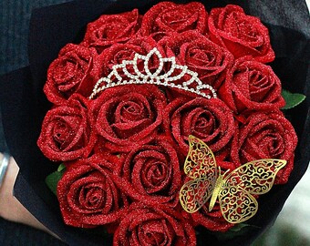 Glitzer-Rosenstrauß mit Forever-Blumen • Schmetterling • Tiara • Jahrestag • Antrag • Geburtstag • Hochzeit • Abschluss • Geschenk