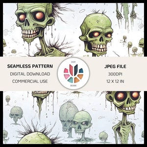 Peut inclure: Téléchargement numérique d'un motif sans couture avec des illustrations de zombies verts aux yeux rouges et aux dents apparentes. Le motif comprend le texte "SEAMLESS PATTERN DIGITAL DOWNLOAD COMMERCIAL USE". Le fichier mesure 30,48 x 30,48 cm.