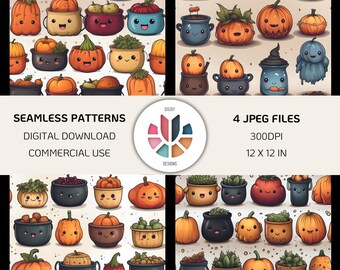 Cute Pumpkins Cauldrons Pattern Bundle Pack - Seamless Printable Paper Patterns - Halloween Fall Autumn