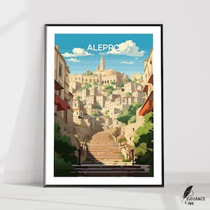Aleppo muur hangende poster, Aleppo platte vectorillustratie canvas, Aleppo handgemaakte houten lijst en ingelijst kleurrijk vintage cadeau