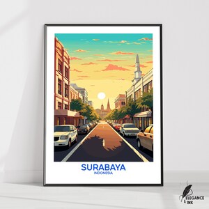 Surabaya muur hangende poster, Surabaya platte vectorillustratie canvas, Surabaya handgemaakte houten lijst en ingelijste kleurrijke vintage cadeau