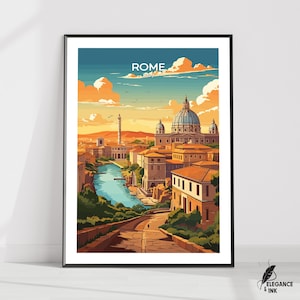 Poster da appendere alla parete di Roma, illustrazione vettoriale piatta di Roma su tela, cornice in legno fatta a mano in Italia e regalo vintage colorato senza cornice