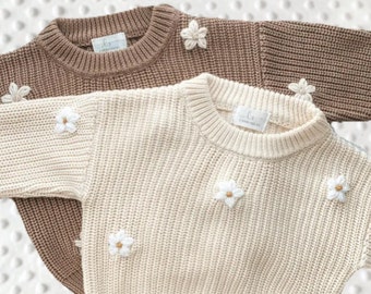 Baby Girls Easter Spring Flower Embroidered Knitted Jumper Pullover | Newborn Infant Toddler Kids | Cosy Cute Sweatshirt