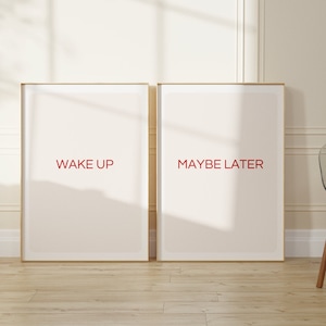Set Of Two Prints,Wake Up Maybe Later Quote Art Print,Preppy wall art dorm Decor,Trendy Room Living Room Decor Aesthetic, Apartment Wall Art
