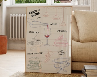 Food and Wine Menu Art Print, Kitchen Dining Decor (Digital Download)