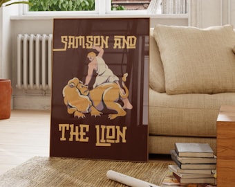 Samson and the Lion Retro Christian Bible Poster for Children Kids Room & Nursery Digital Download