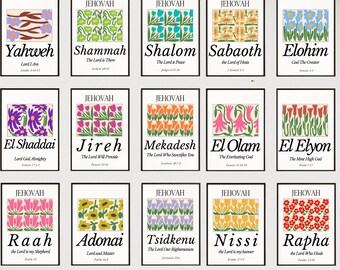 Hebrew Names of God Art Print Set, Christian Scripture, Floral Decor (Digital Download)