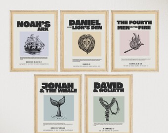 Bible Verse Wall Art, Set of 5 Christian Stories, Noah, Jonah, Fourth Man in the Fire, David & Goliath, Daniel in the den Digital Download