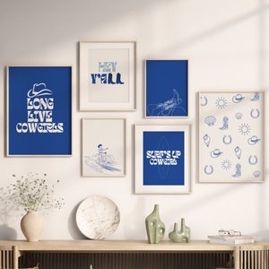 Gallery Wall Set of 6, Coastal cowgirl prints, Coastal artwork, Coastal farmhouse wall art, Navy blue coastal print, Retro western print