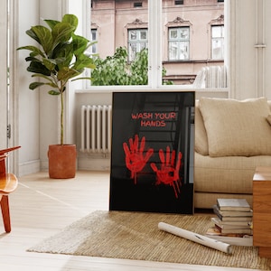 Halloween Bathroom Wall Art, Wash Your Hands Print, Hall Bathroom Decor, Trendy Halloween Decor, Blood Hands Large Poster, Digital Download