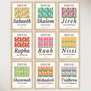 Set of 9 Hebrew Names of God Art Print Trendy Printable Christian Gallery Wall Art Bible Verse Poster Colorful Flower Decor Digital Download