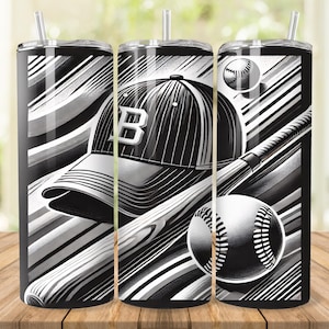 Baseball Tumbler Wrap, 20 oz 30 oz Skinny Tumbler Wrap PNG, Black and White Tumbler Design, Straight Tapered, Baseball Digital Download