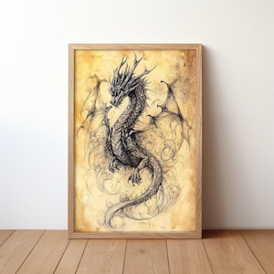 Bleistiftskizze eines majestätischen Drachen, Wandbild, Fantasy Poster, digitales Wanddekor, farbenfroher Kunstdruck, gemütliches Wohndekor, digitaler Download