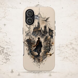 May include: A beige smartphone case featuring a detailed ink-style illustration of a figure in a cloak walking toward a castle. The design includes a steam train, a stag, a flying creature, a golden snitch, and a triangular symbol at the top.