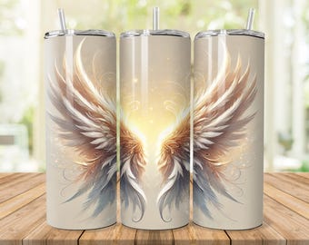 May include: Three stainless steel tumblers with a design of angel wings on a beige background. The wings are a mix of brown, white, and gold.