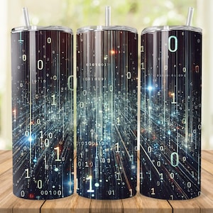 May include: Three stainless steel tumblers with a digital pattern of 0s and 1s in shades of blue, green, and white. The background is black with a subtle sparkle effect.
