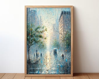 Stampa artistica di paesaggio urbano in una giornata piovosa: decorazione murale boho colorata (download digitale)