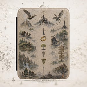 May include: A rectangular e-reader case featuring a detailed, multi-scene illustration of a fantasy landscape. The design includes a golden ring, a wizard, a sword, a dragon, and various structures arranged vertically against a light beige background.